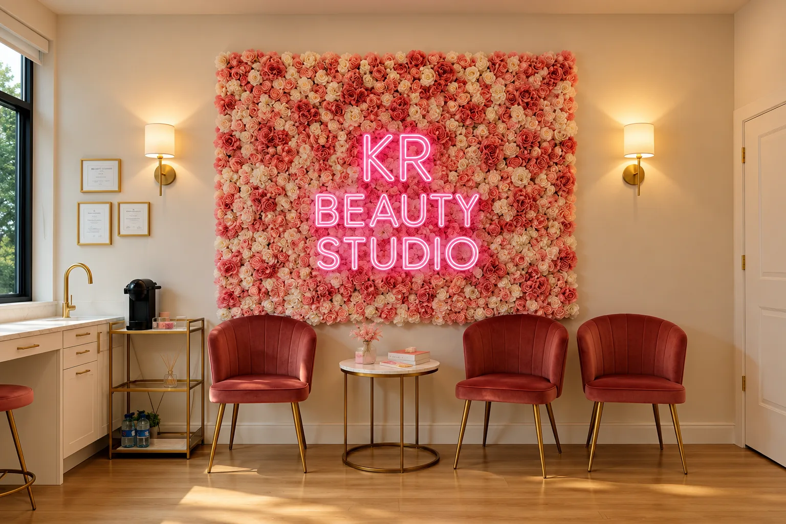 Salon d'accueil de KR Beauty Studio à Uccle, mur de fleurs et enseigne néon