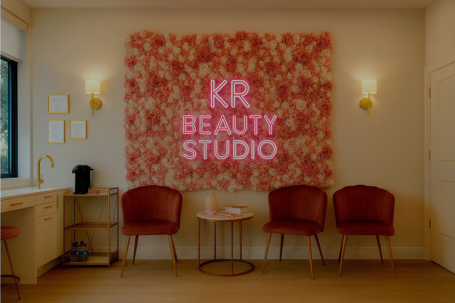 a room with a pink sign and chairs